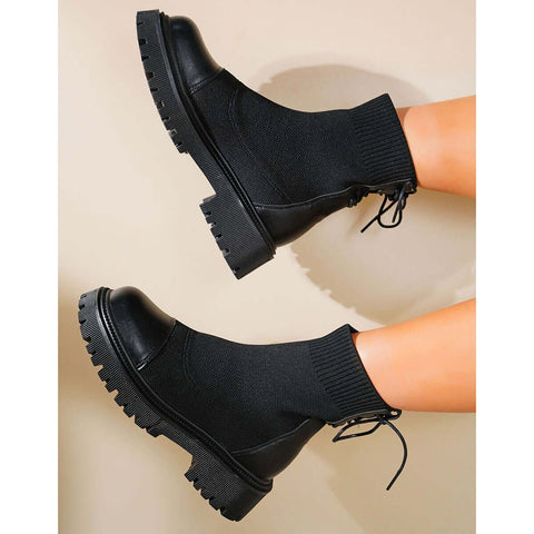 Chunky Heel Knit Sock Ankle Boots Platform Sole Booties