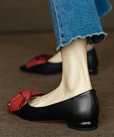 Schwarze flache Füße Schuhe Rindsleder Leder Mode spitze Zehe Schleife