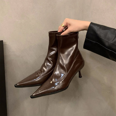 - Herbst und Winter Neue Damenschuhe High Heel Spitz Französische Kurze Stiefel Damenschuhe Plüsch Schlanke Stiefel Koreanische Kleine Stiefeletten