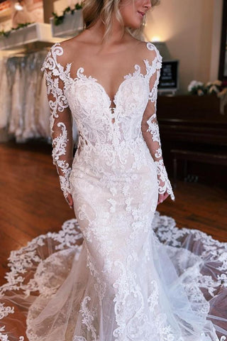 Long Sleeves Lace Wedding Dress Mermaid Overskirt On Sale