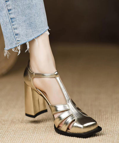 Style Gold Sandals Chunky Heel Hollow Out