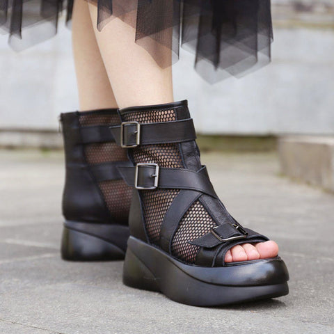 Women Summer Peep Toe Leather Mesh Casual Adjustable Buckle Boots