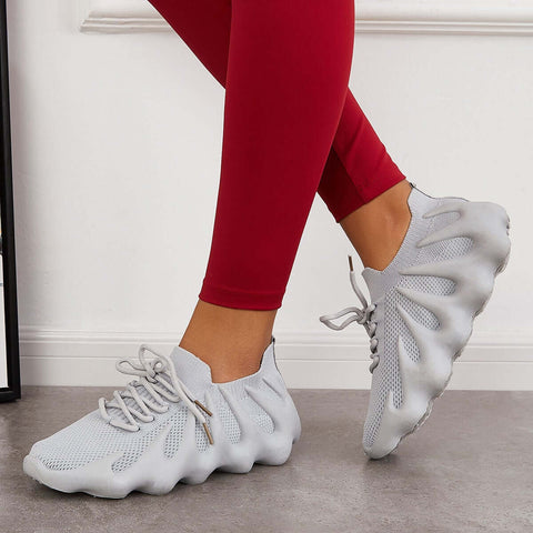 White Breathable Lace Up Running Sneakers Knit Athletic Shoes