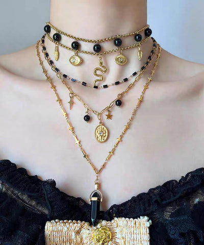 Boutique Black Sterling Silver Overgild Agate Pendant Necklace Three-Piece Set