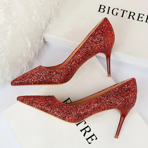 2024 summer new  style sexy nightclub slim heels for women's skinny heels fashion glitter single shoes