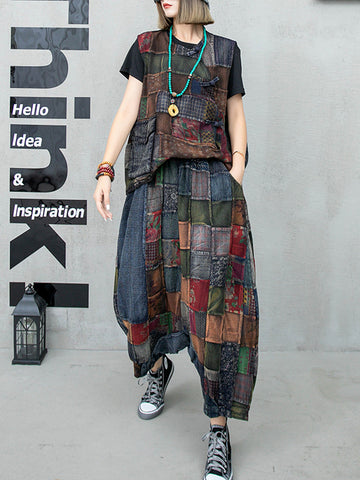 Women Summer Retro Plaid Spliced Pocket Low Crotch Pants