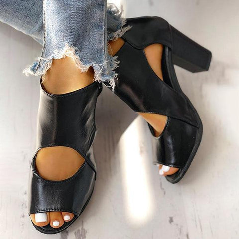 Peep Toe Cut Out Ankle Boots Chunky Block Heel Booties
