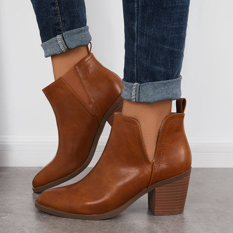 Cutout Western Ankle Cowboy Boots Chunky Stacked Heel Booties
