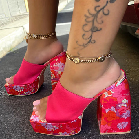 Chunky Platform Sandals Slip On Square Toe High Heel Mules