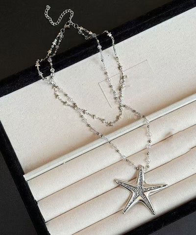 Simple Alloy Zircon Star Double Layer Beading Pendant Necklace