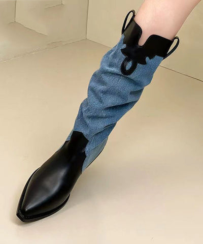 White Long Boots Fashion Splicing Chunky Pointed Toe