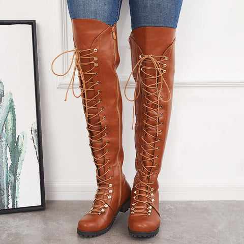 Chunky Heel Lace Up Over The Knee Thing High Riding Boots