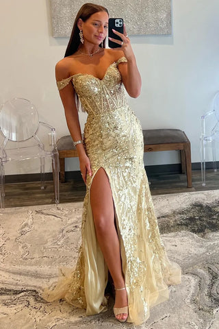 Sparkly Golden Off the Shoulder Mermaid Sequins Long Prom Dress with Slit