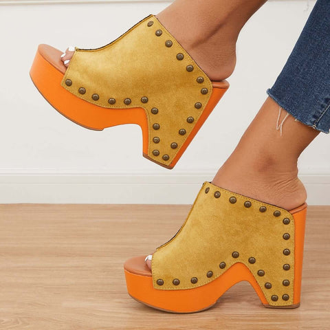 Retro Chunky Platform Heel Mules Slip on Sandals