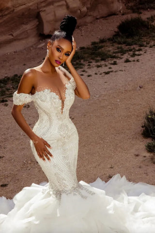 Beautiful Mermaid V-Neck Off-The-Shoulder Tulle Wedding Dresses