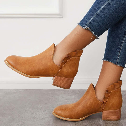 V-Cut Ruffle Ankle Boots Slip on Chunky Stacked Heel Booties