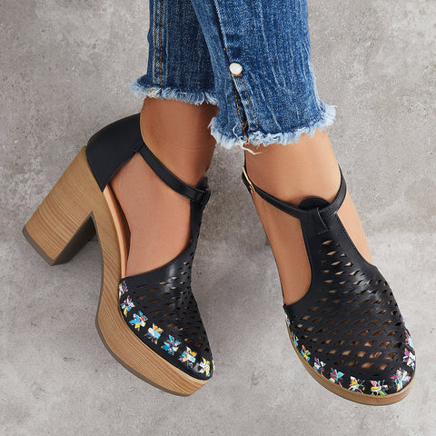 Platform Block Chunky High Heels Ankle T-Strap Cutout Sandals