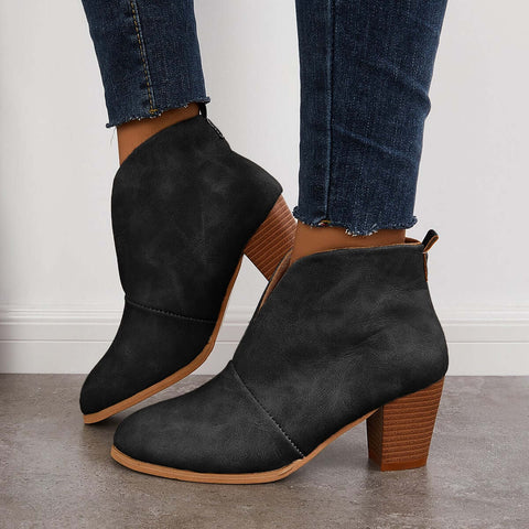 Retro Western V Cut Ankle Boots Slip On Chunky Stacked Heel Booties