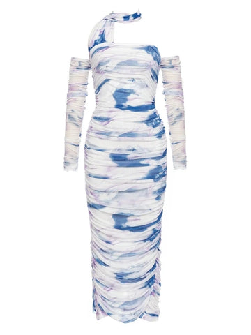 Open back hanging neck sexy long sleeved printed pleated long buttocks wrapped party evening dress