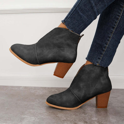 Retro Western V Cut Ankle Boots Slip On Chunky Stacked Heel Booties