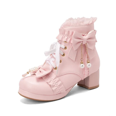 - Pink White Black Chunky Heel Lolita Shoes Butterfly-knot Pearls Lace Up Womens Cosplay Princess Cute Sweet Winter Ankle Boots 42