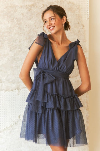 Tie Shoulder Polka Dot Mesh Resort Dinner Dress