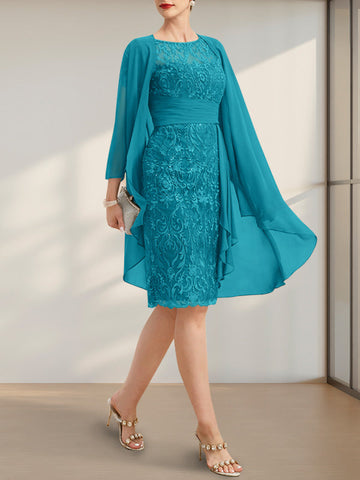 Sheath/Column Scoop Illusion Knee-Length Lace Chiffon Mother of the Bride Dress With Cascading Ruffles Sequins