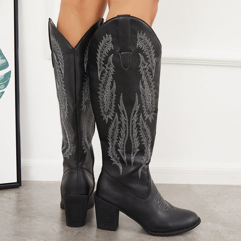 Embroidered Western Cowboy Boots Chunky Heel Knee High Riding Boots