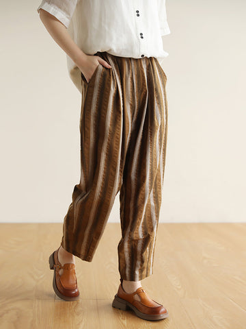 Women Summer Stripe  Pocket Vintage Loose Cotton Pants