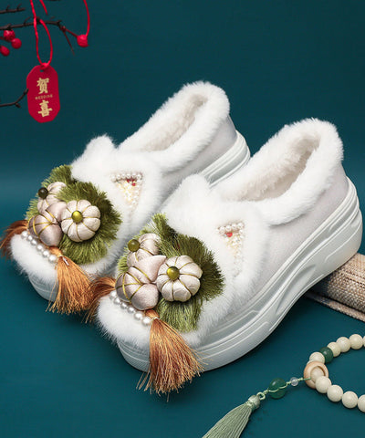 Handgemachte Spleißen Quaste Nagel Perle Plattform flache Schuhe Kaffee Fuzzy Wolle gefüttert