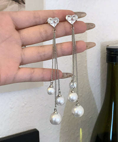 Skinny Silk Stainless Steel Love Pearl Tassel Drop Earrings