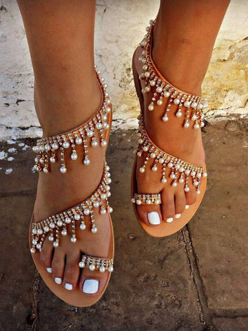 Flache Sandalen mit Perlen-Bling