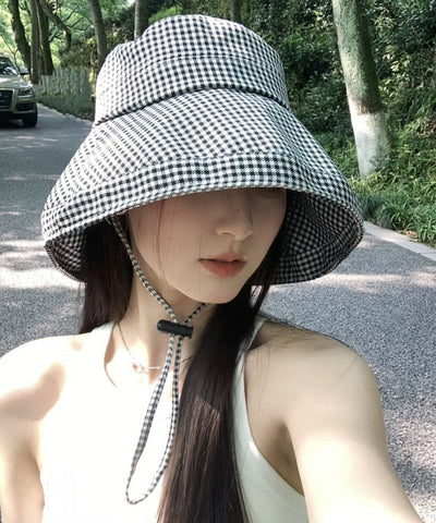 Stylish Black White Plaid Drawstring Bucket Hat