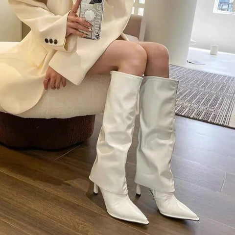 Wind Trouser Boots Women High Heel Shoes 2024 Spring Autumn New Lady Soft Leather Thin Heels Pointed Knee Length Knight Boots