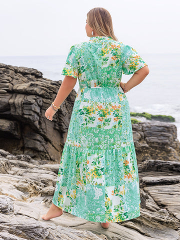 Plus Size Short Sleeve Light Green Floral Beach Maxi Dress