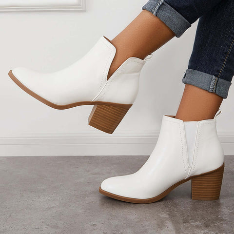 Cutout Western Ankle Cowboy Boots Chunky Stacked Heel Booties