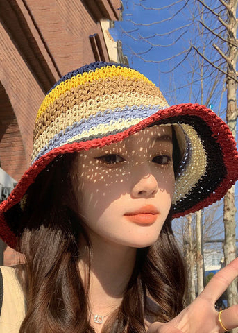 Handmade Red Striped Patchwork Straw Woven Bucket Hat