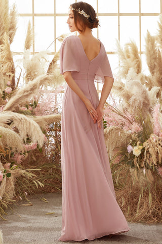 Rosa Chiffon-Brautjungfernkleid mit Fledermausärmeln