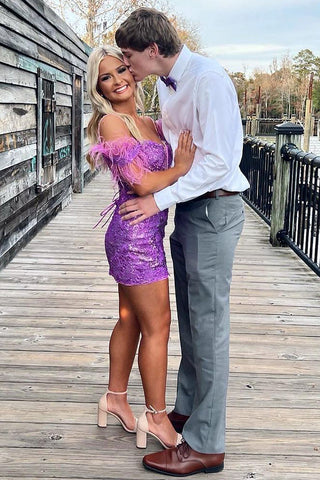 Sheath Off the Shoulder Purple Sequins Short Homecoming Dress with Feather