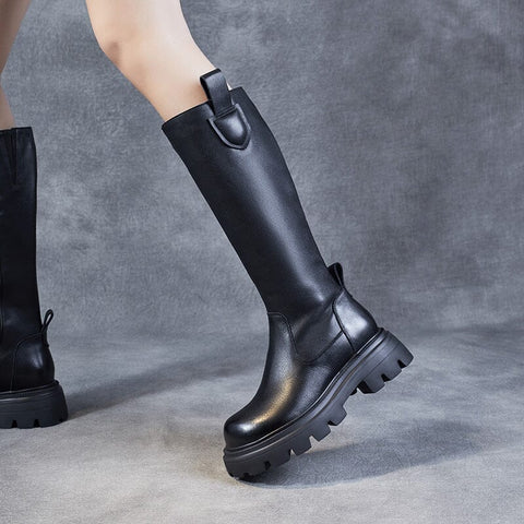 Autumn Winter Retro Leather Black Riding Boots