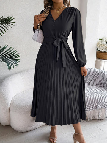 Plissiertes, gebundenes Midikleid mit V-Ausschnitt und langen Ärmeln