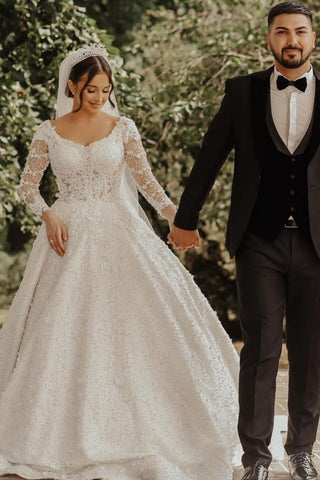 Ballkleid-Brautkleid mit langen Ärmeln und Spitzenapplikationen