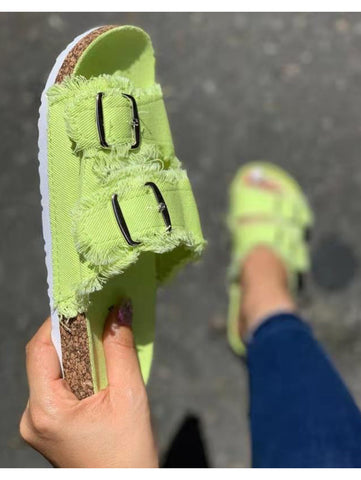 Fashion Plain Open Toe Denim Dual Strap Flats Slide Sandals