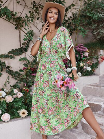 Tassel Sleeve Boho Midi Beach Dress
