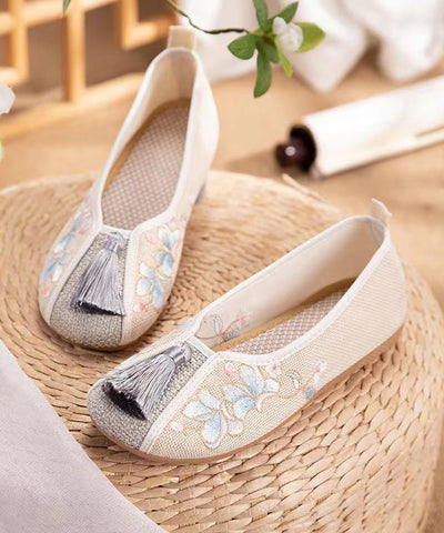 Boho Weiße Quastenstickerei Leinenstoff Plattfußschuhe