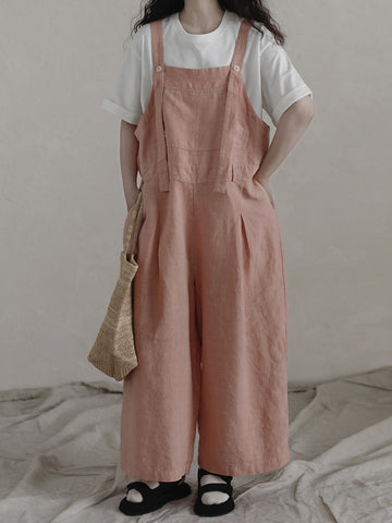 Women Summer Solid Casual Loose Straight-leg Linen Jumpsuits