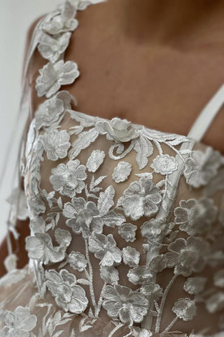 Deluxe Short A-Line Square Neck Spaghetti Straps Lace Prom Dresses with Appliques