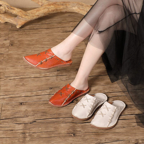 Women Summer Retro Leather Flat Slippers