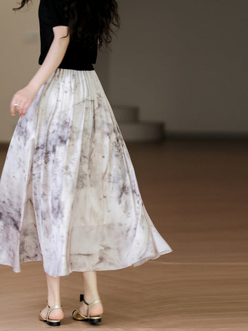 Women Summer Vintage Ink-print Pleat Loose Skirt