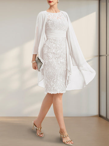 Sheath/Column Scoop Illusion Knee-Length Lace Chiffon Mother of the Bride Dress With Cascading Ruffles Sequins